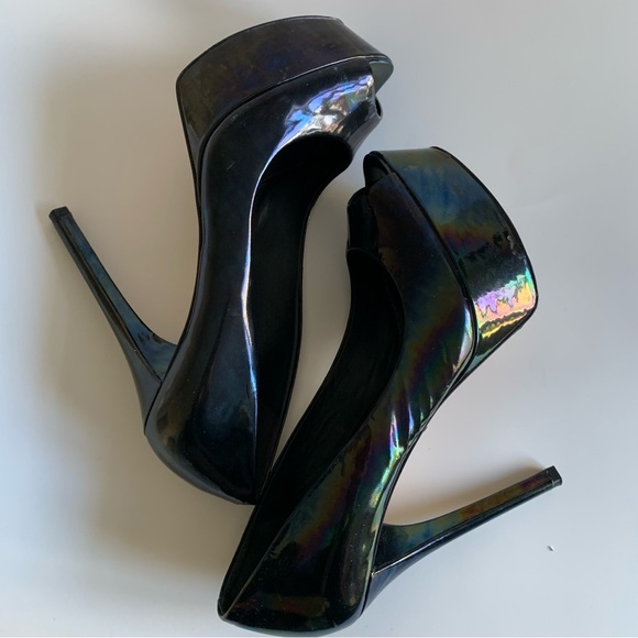 Brian Atwood Bambola iridescent patent leather Peep toe high heel Adriadic Black - Picture 2 of 13